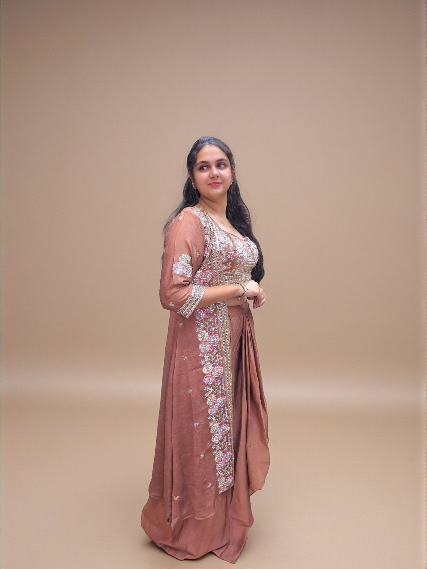 Embroidered crop top with long ethnic shrug in rust shade