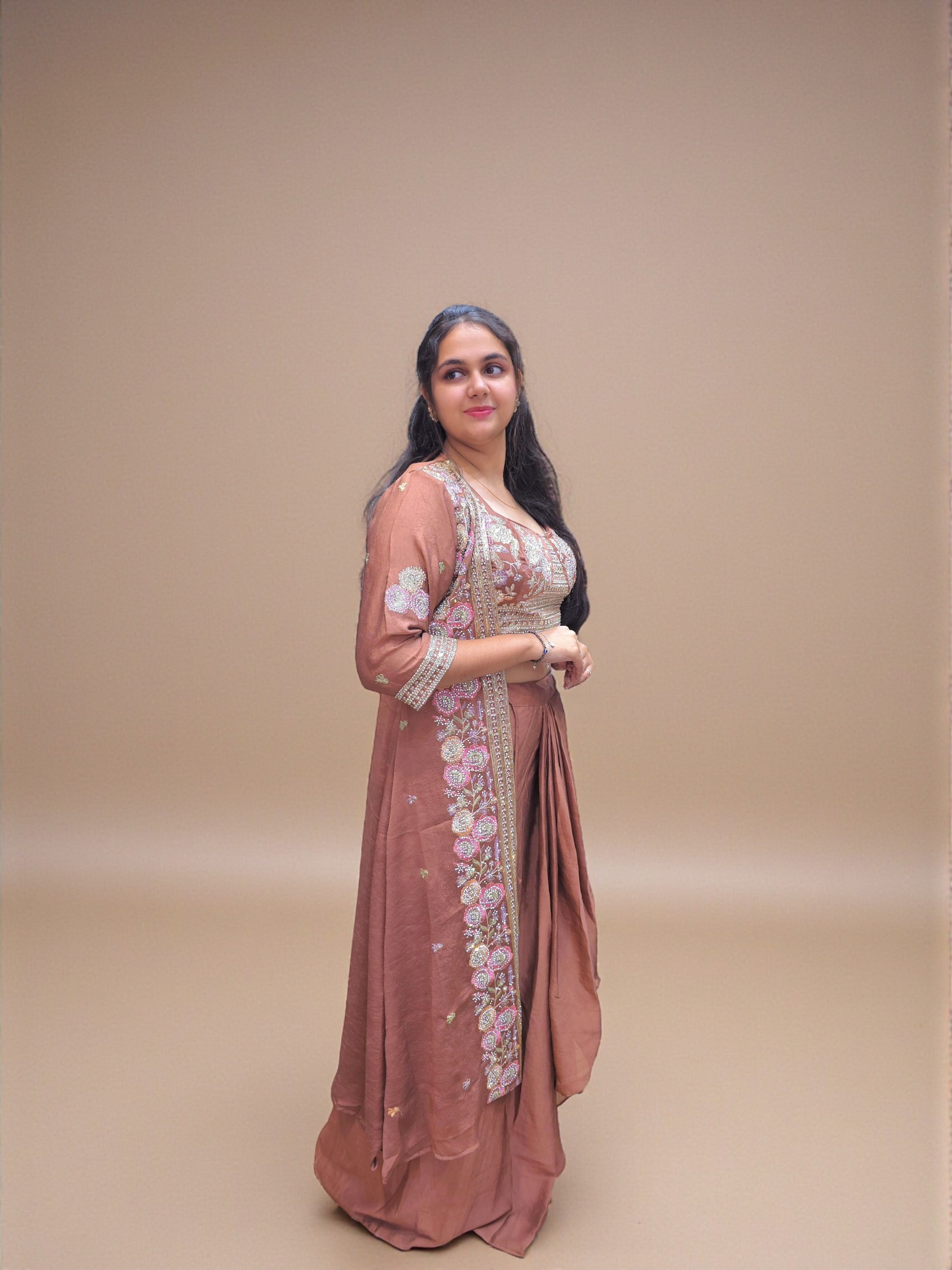 Embroidered crop top with long ethnic shrug in rust shade
