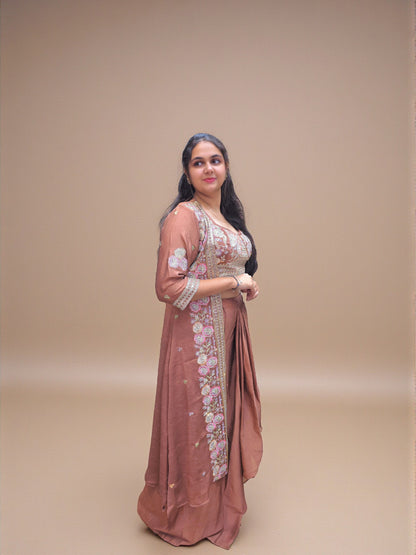 Embroidered crop top with long ethnic shrug in rust shade