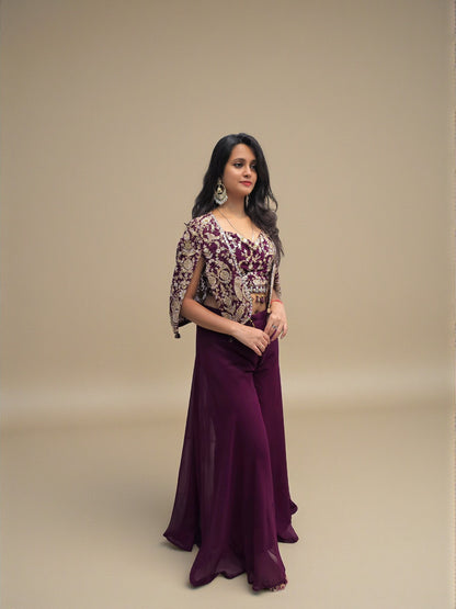 Wine crop top palazzo outfit for wedding functions