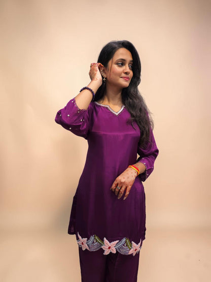 Designer wine purple ethnic cord set with matching pants