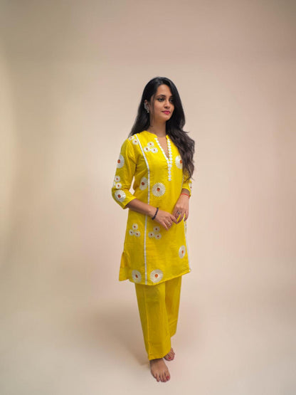 Designer yellow Mul Cotton co ord set with floral embroidery