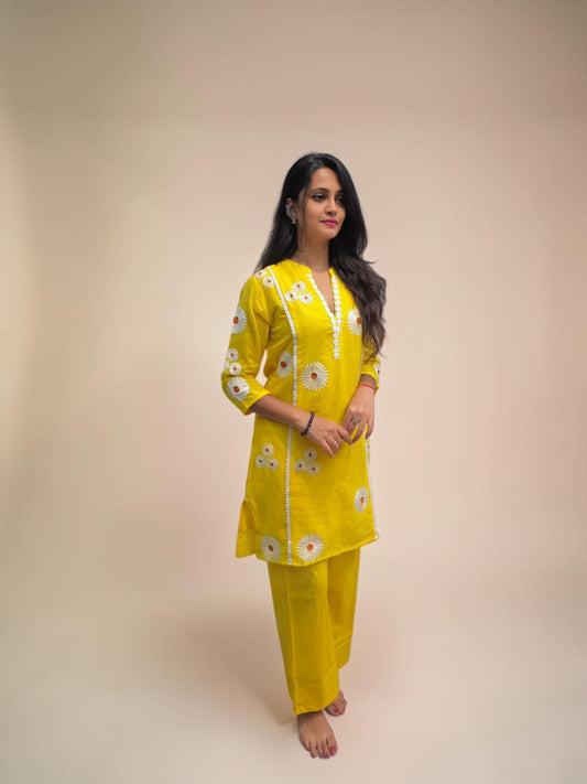 Designer yellow Mul Cotton co ord set with floral embroidery