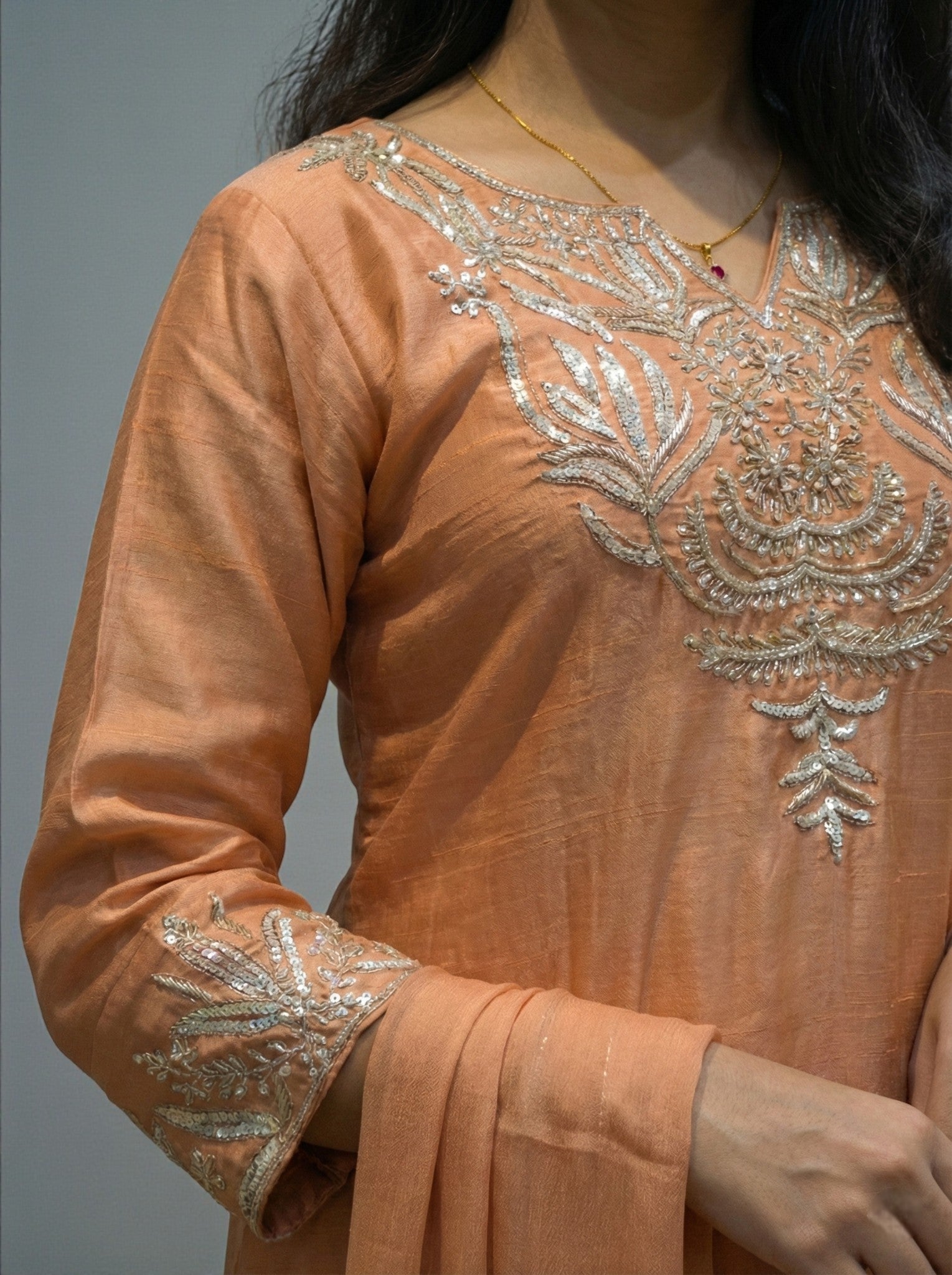 Indian festive wear zardozi kurta palazzo suit peach color