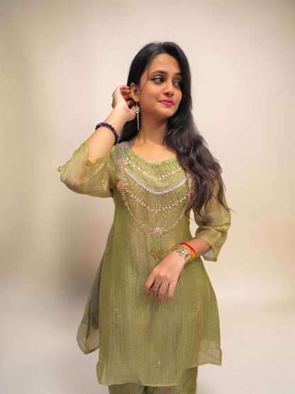 Designer olive green ethnic cord set for festive wear