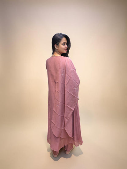 Dusty mauve embroidered Mul Chanderi kurta pant set for women