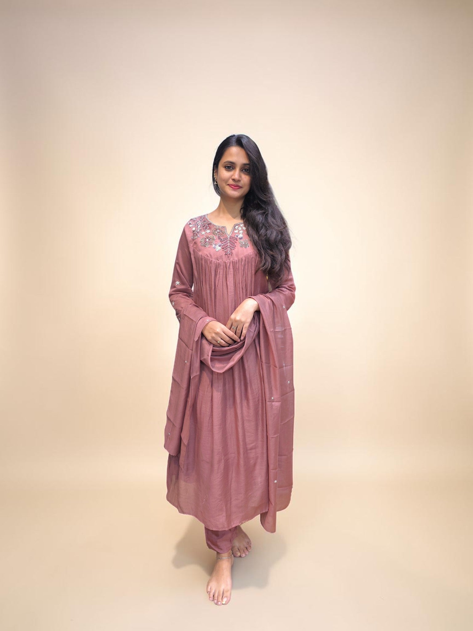 Dusty mauve Mul Chanderi handwork kurta set with matching dupatta for women