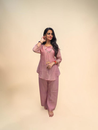 Dusty pink designer cord set with embroidered neckline for women