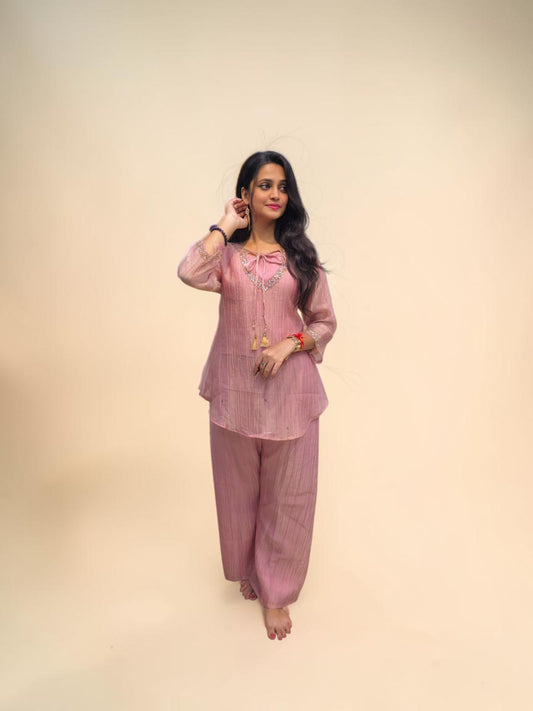 Dusty pink designer cord set with embroidered neckline for women