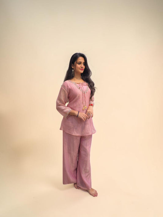 Women's dusty pink embroidered co ord set with wide leg pants