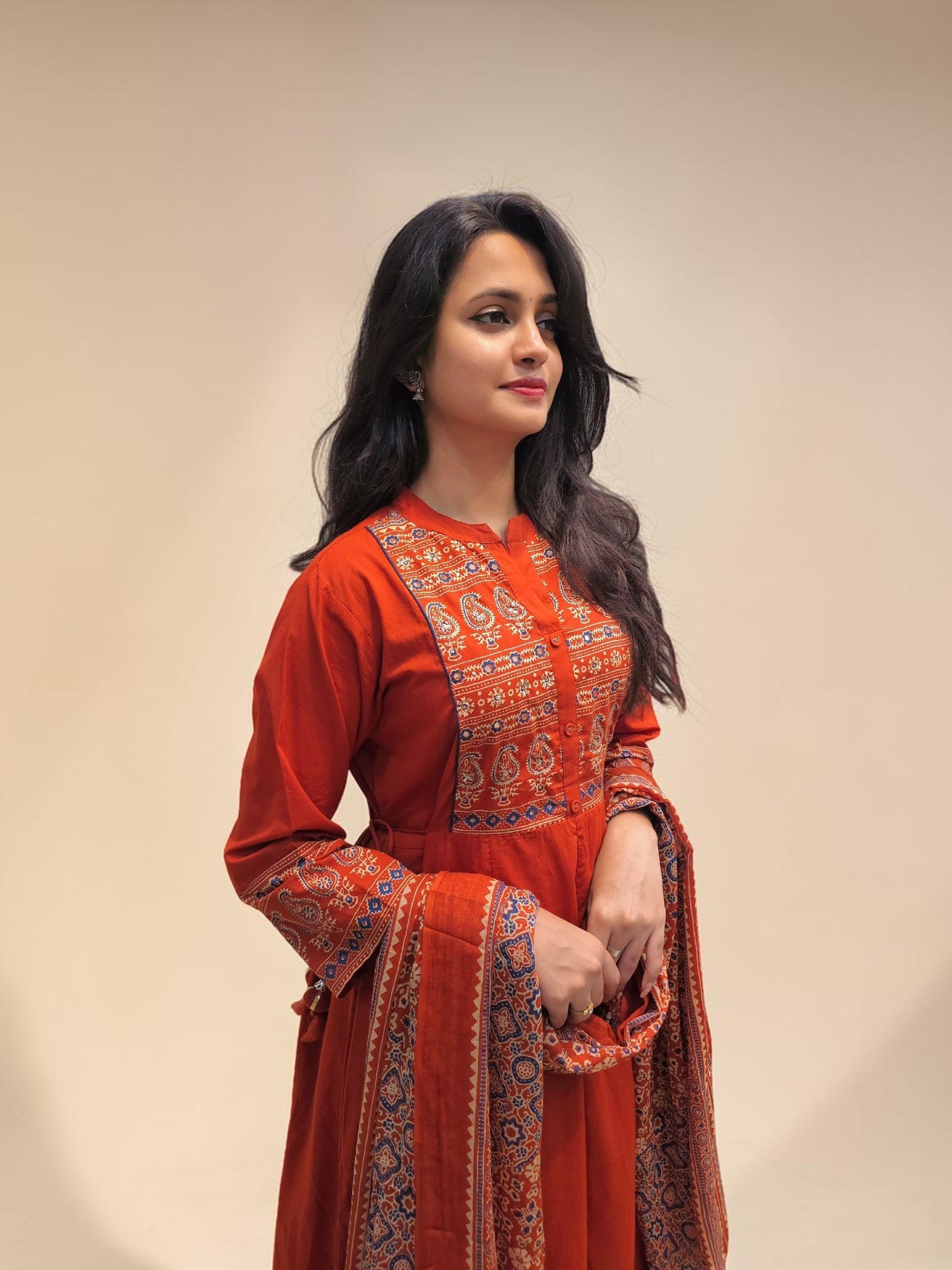 Cotton Ajrakh print long kurta set with dupatta