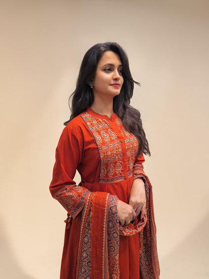 Cotton Ajrakh print long kurta set with dupatta