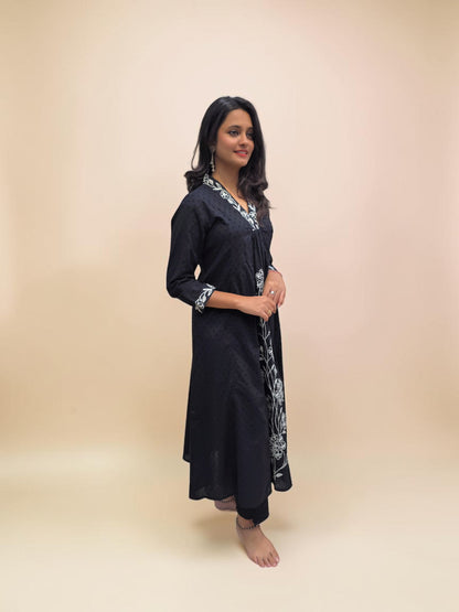 Elegant Black Kurta Pant Set with Hand Embroidery