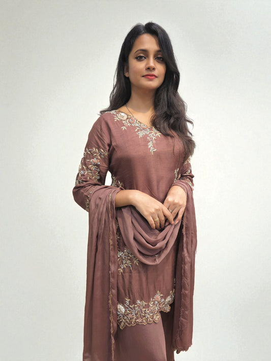 Elegant brown ethnic wear set with embroidery and matching dupatta