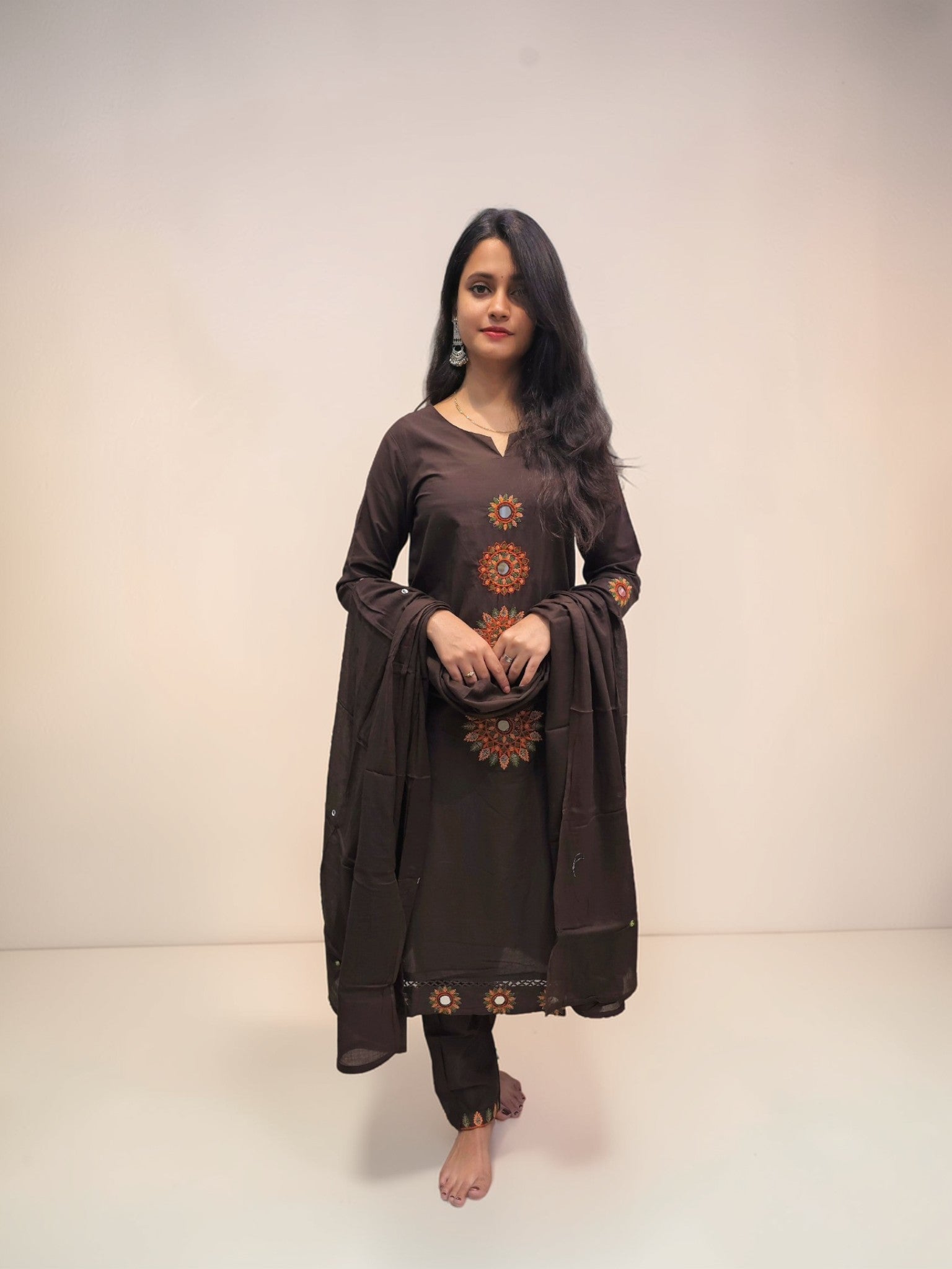 Elegant brown kurta pant set with dupatta ethnic outfit