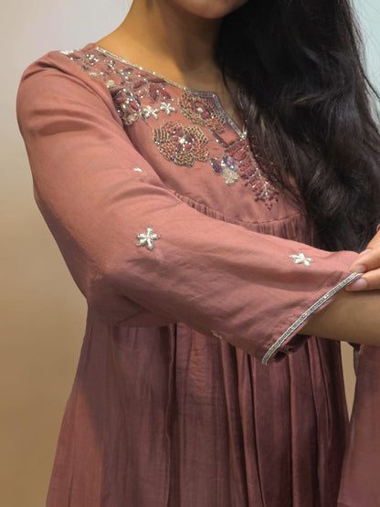 Designer dusty mauve Mul Chanderi ethnic suit with handcrafted neckline