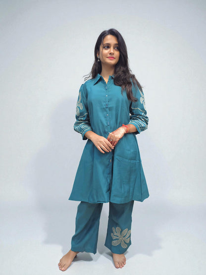 Women’s stylish embroidered co-ord set in teal for festive and office wear – Ambika Boutique