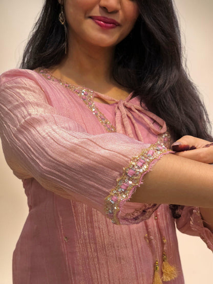 Dusty pink embroidered top and wide leg pants set