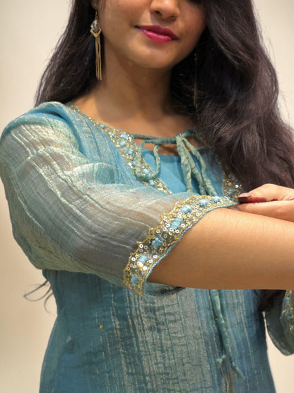 Teal blue embroidered kurta and palazzo style cord set