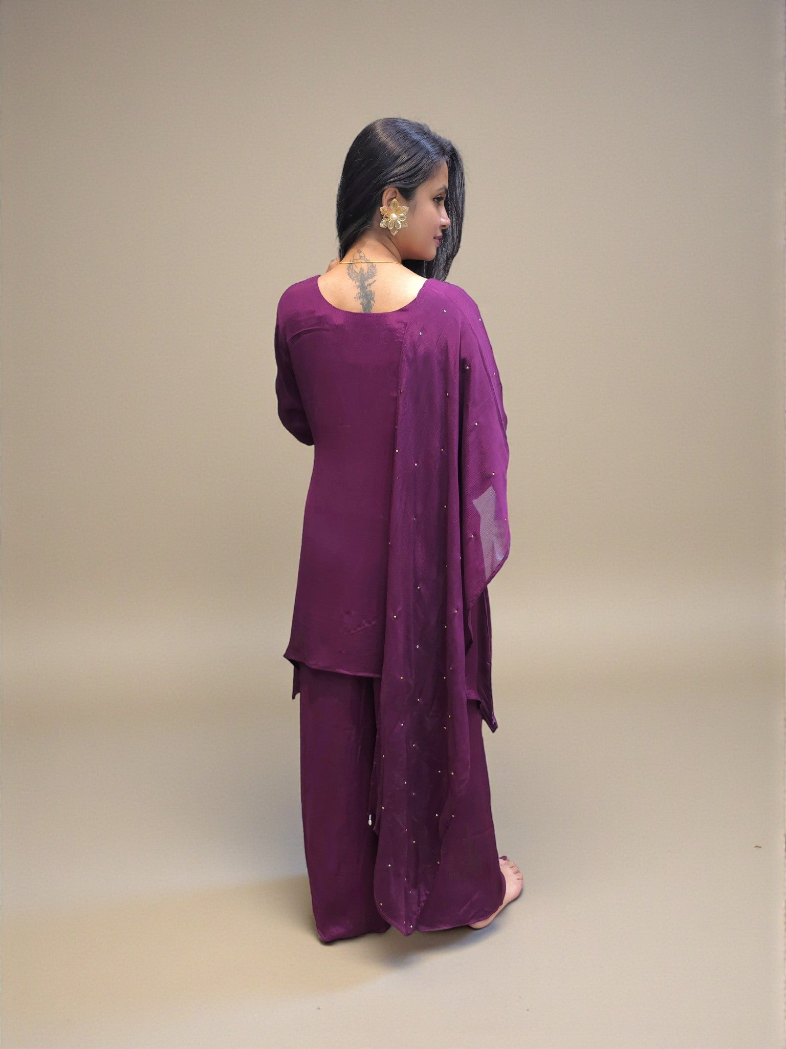 Elegant ethnic pure chinnon kurta palazzo set with soft flowing dupatta