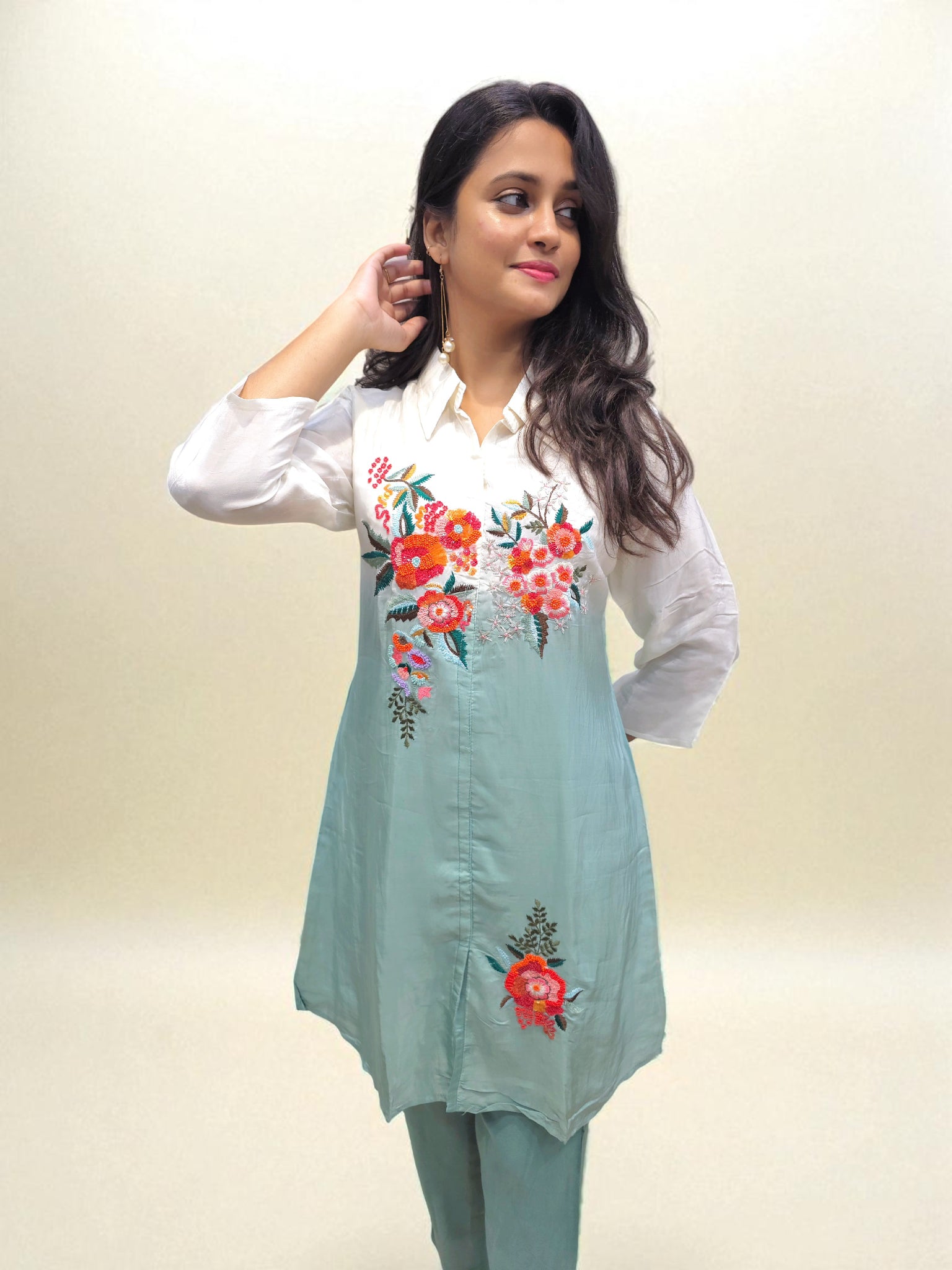 Elegant floral embroidered co-ord set in pastel ombre shade