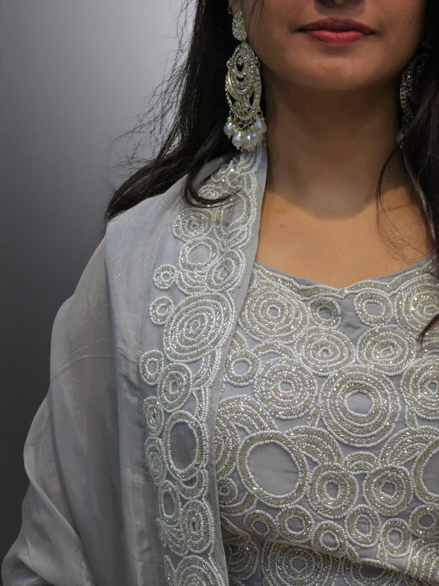 Elegant grey crop top dhoti ensemble with cape for parties