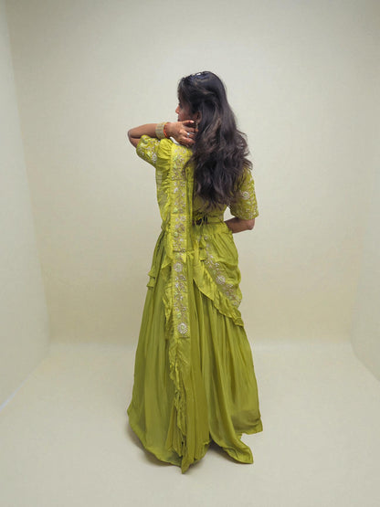 Elegant hand-embroidered dupatta and skirt set in lime green shade