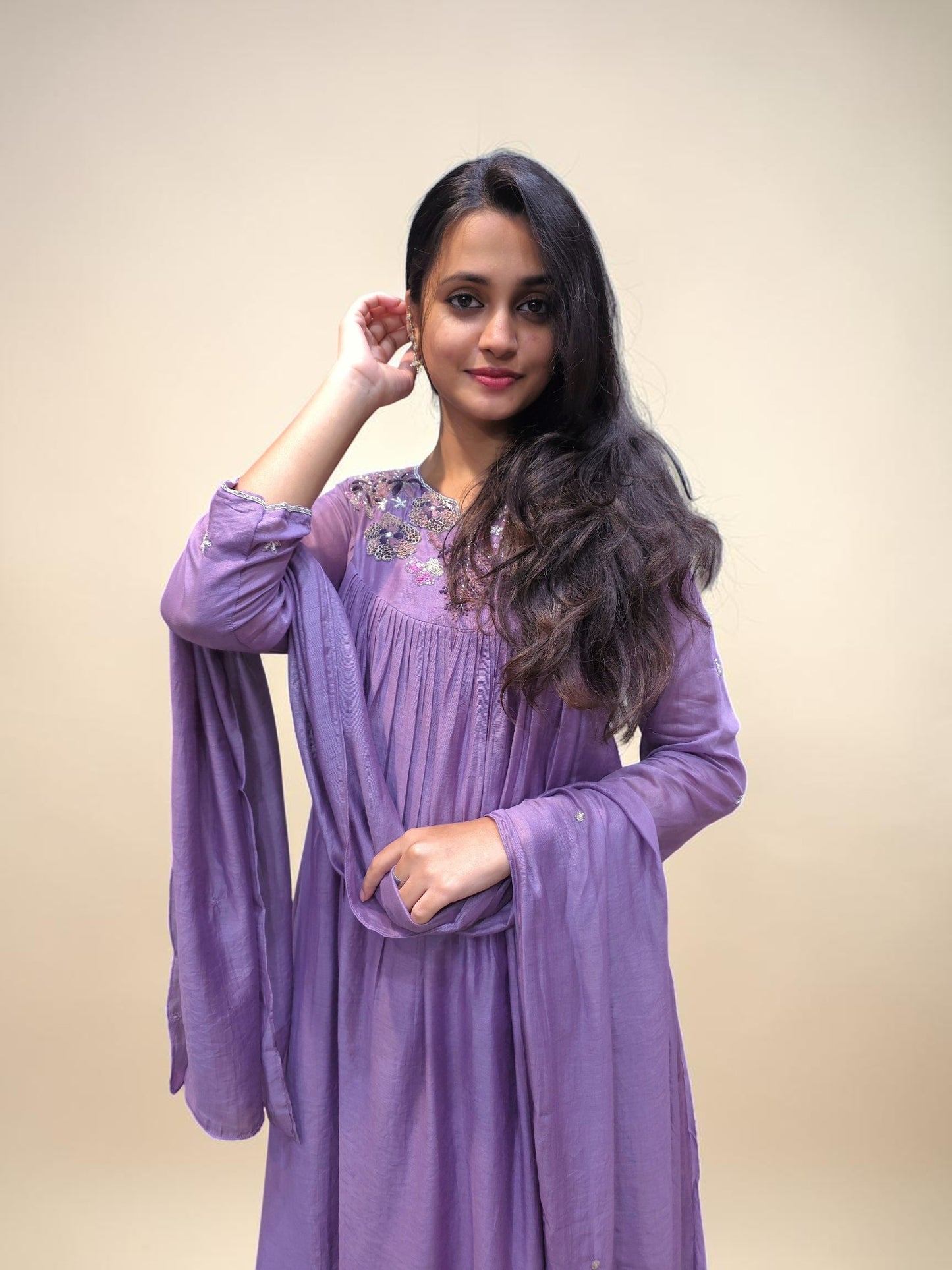 Premium lavender Mul Chanderi festive suit for women