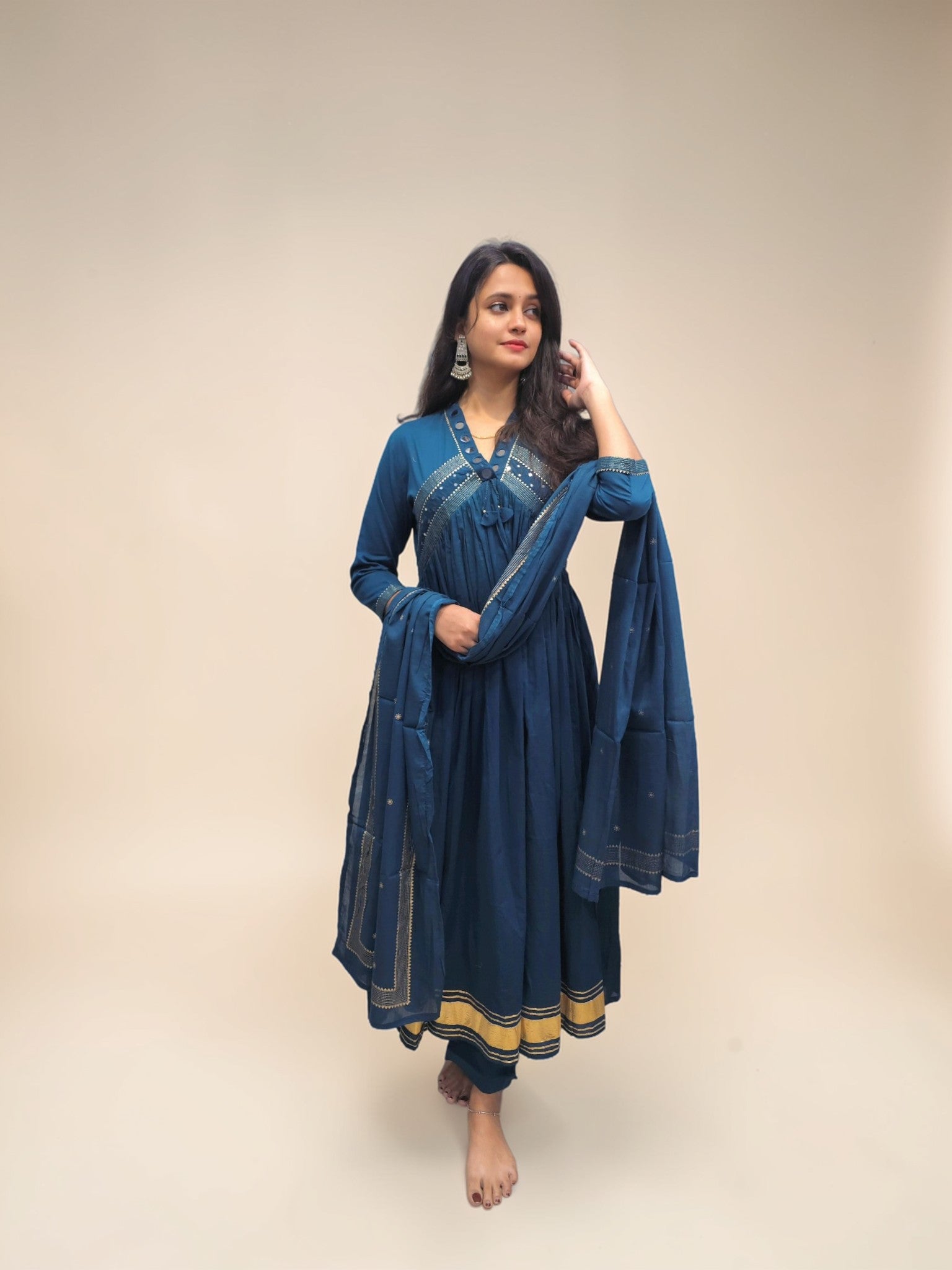 Elegant blue cotton Anarkali kurta with dupatta ethnic outfit
