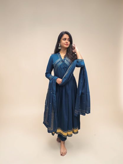 Elegant blue cotton Anarkali kurta with dupatta ethnic outfit