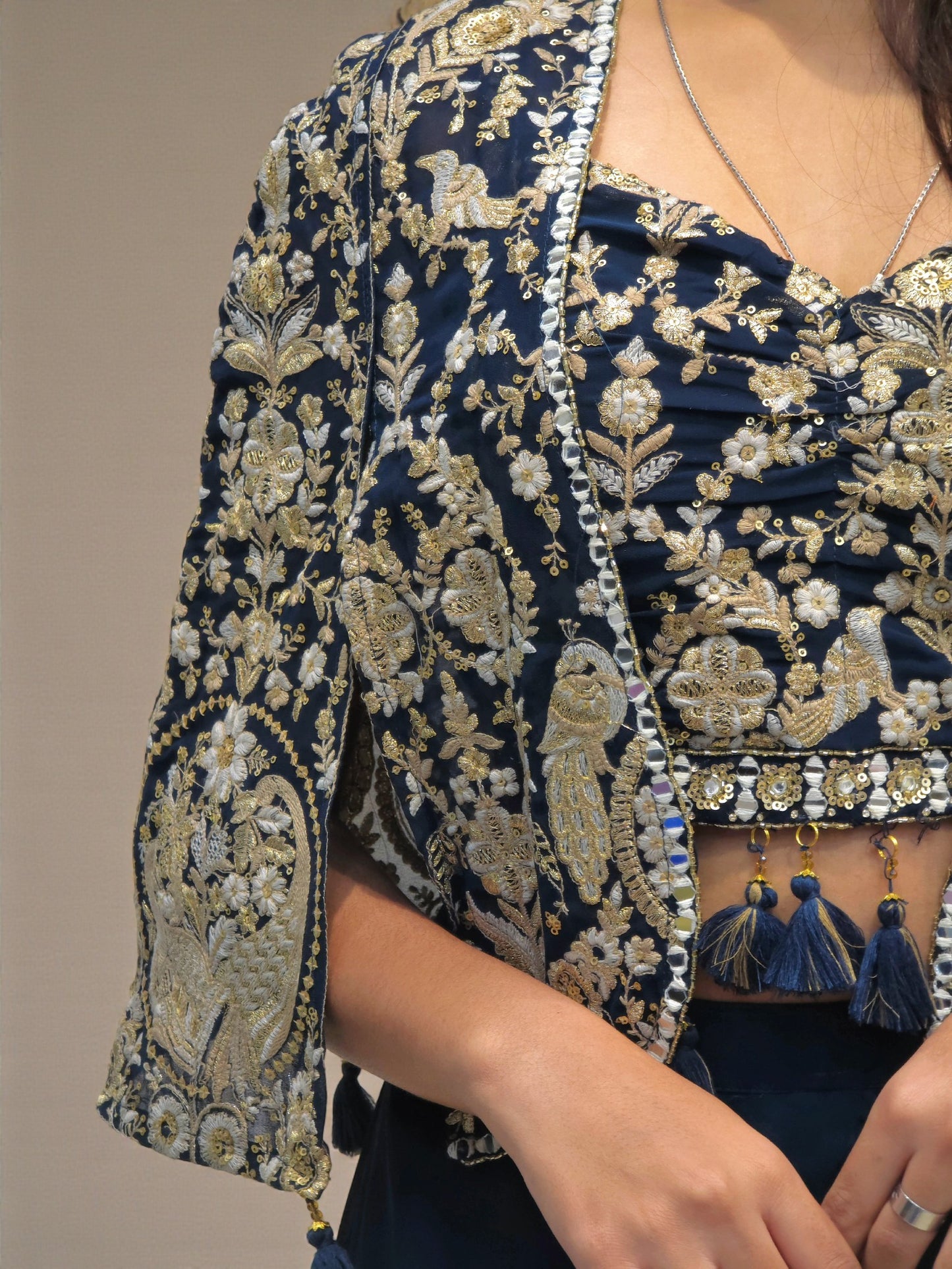 Elegant navy blue crop top palazzo outfit for evening parties