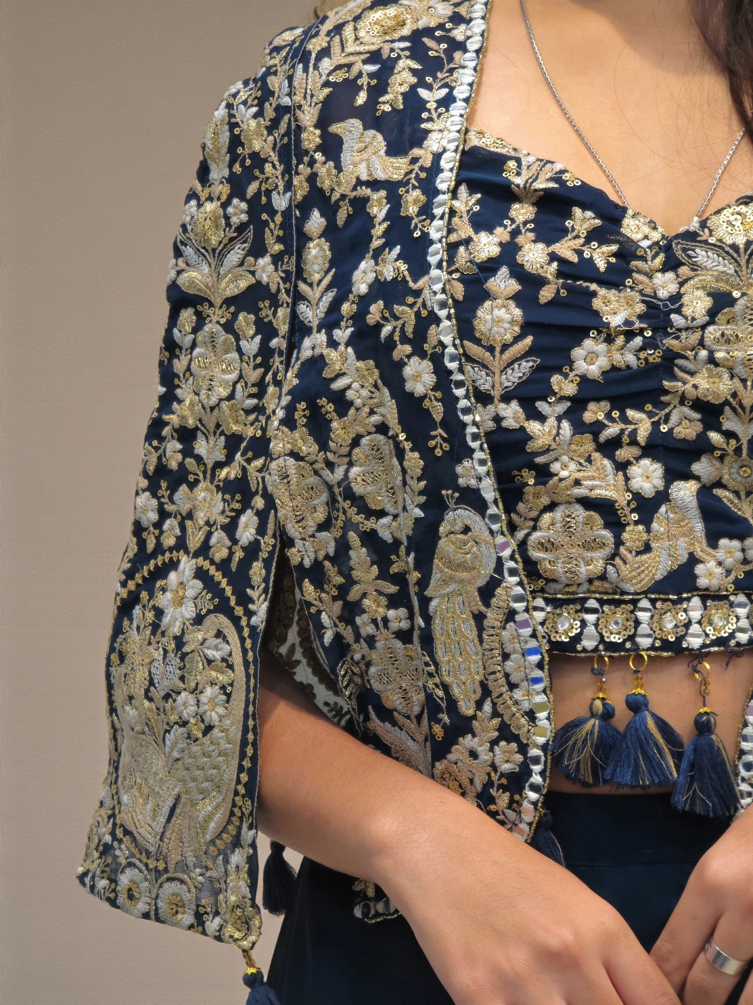 Elegant navy blue crop top palazzo outfit for evening parties