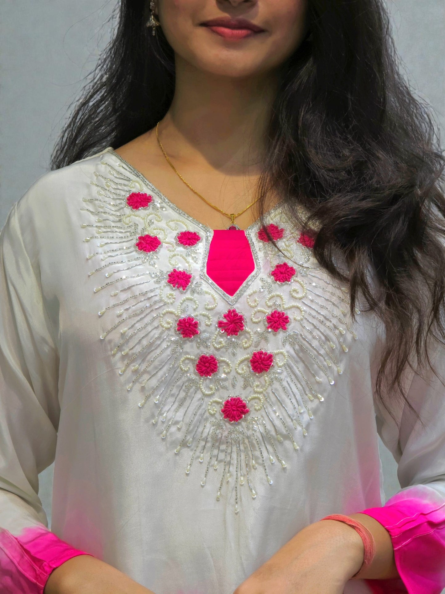Elegant ombre white pink short kurta palazzo set with detailed embroidery