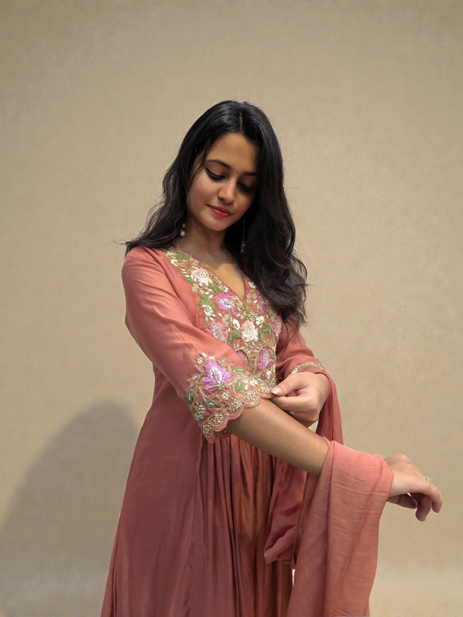 Premium peach party wear mul-chanderi outfit for women