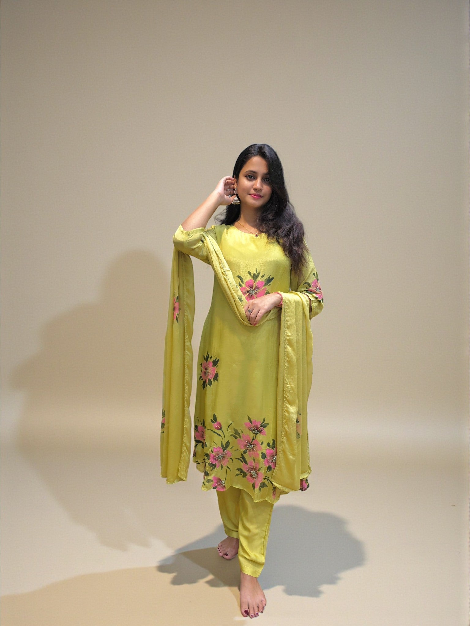 Elegant pastel green pure chinnon A-line kurta set with dupatta