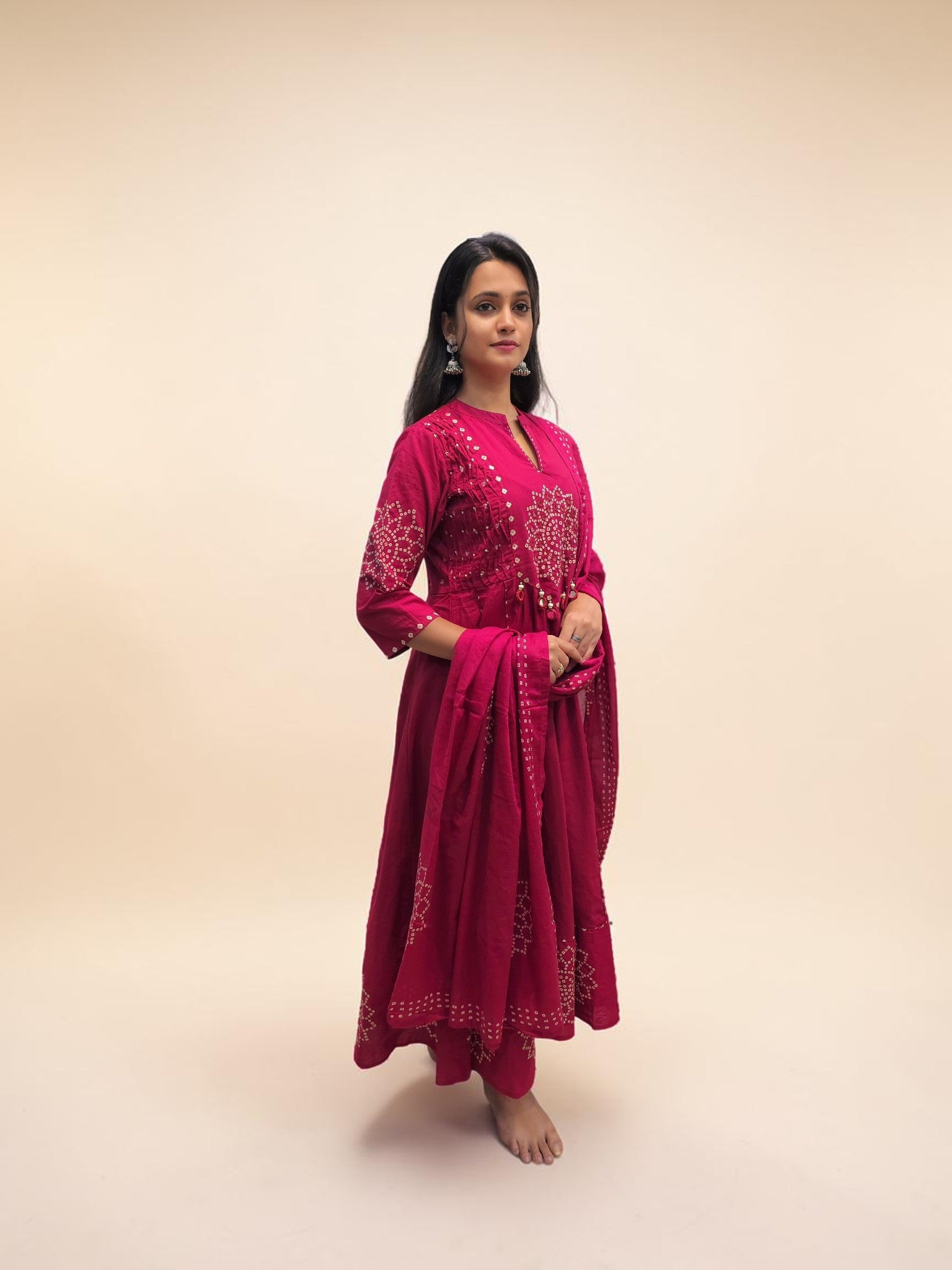 Festive Bandhani cotton kurta pant set with dupatta