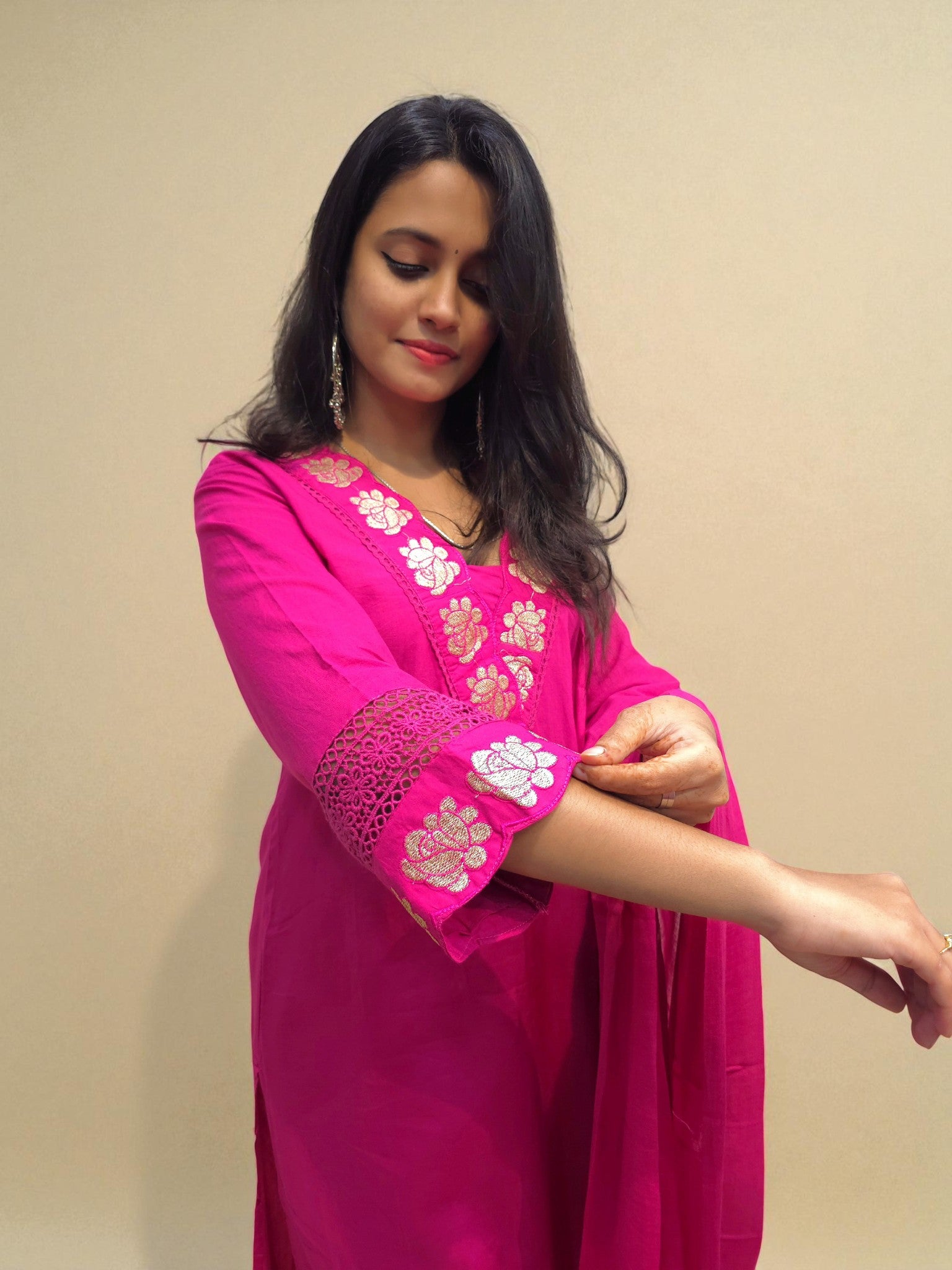 Soft cambric cotton pink kurta set with matching dupatta