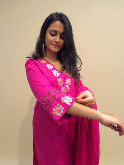 Soft cambric cotton pink kurta set with matching dupatta