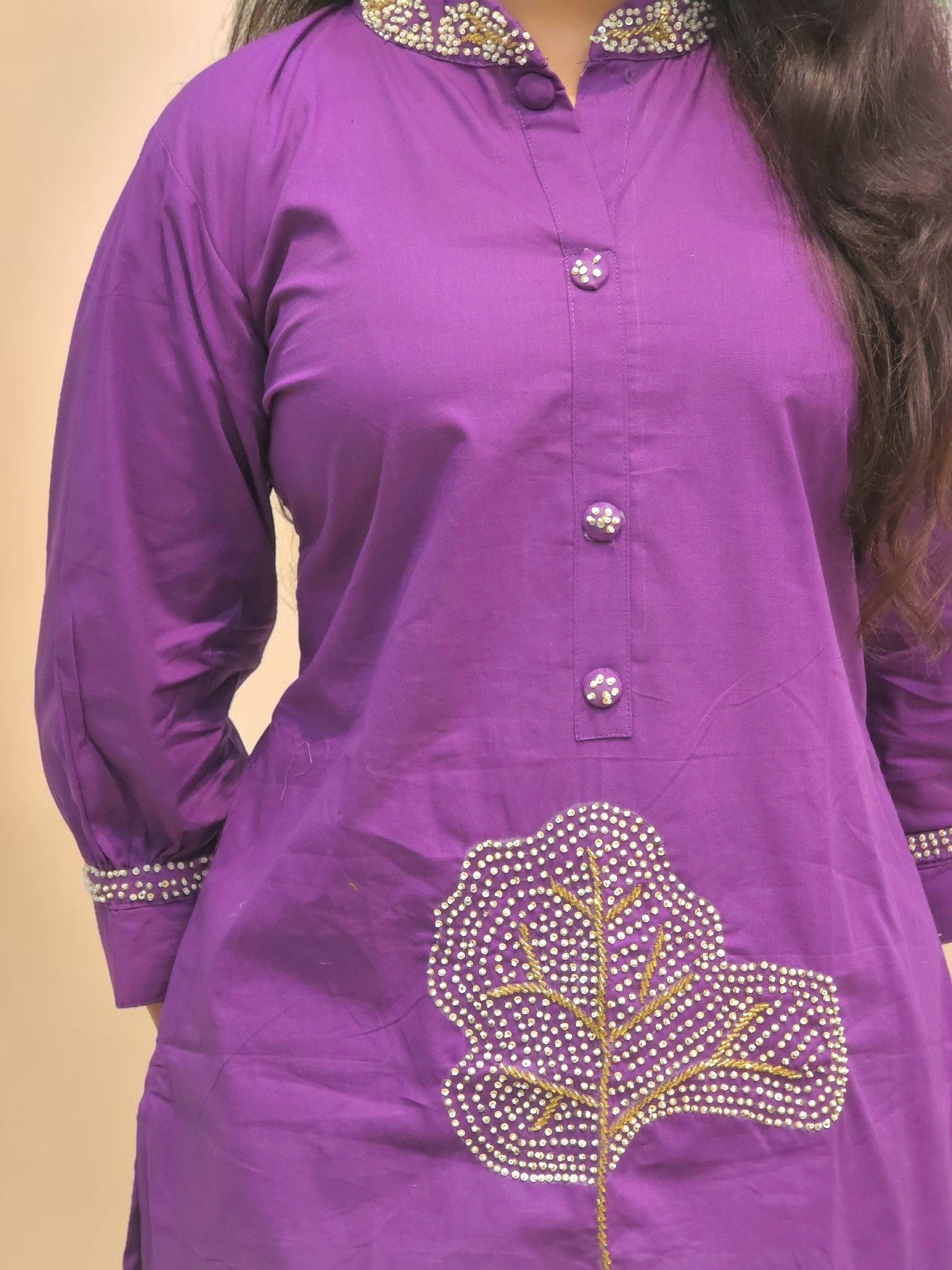 Elegant purple cotton handwork outfit for women