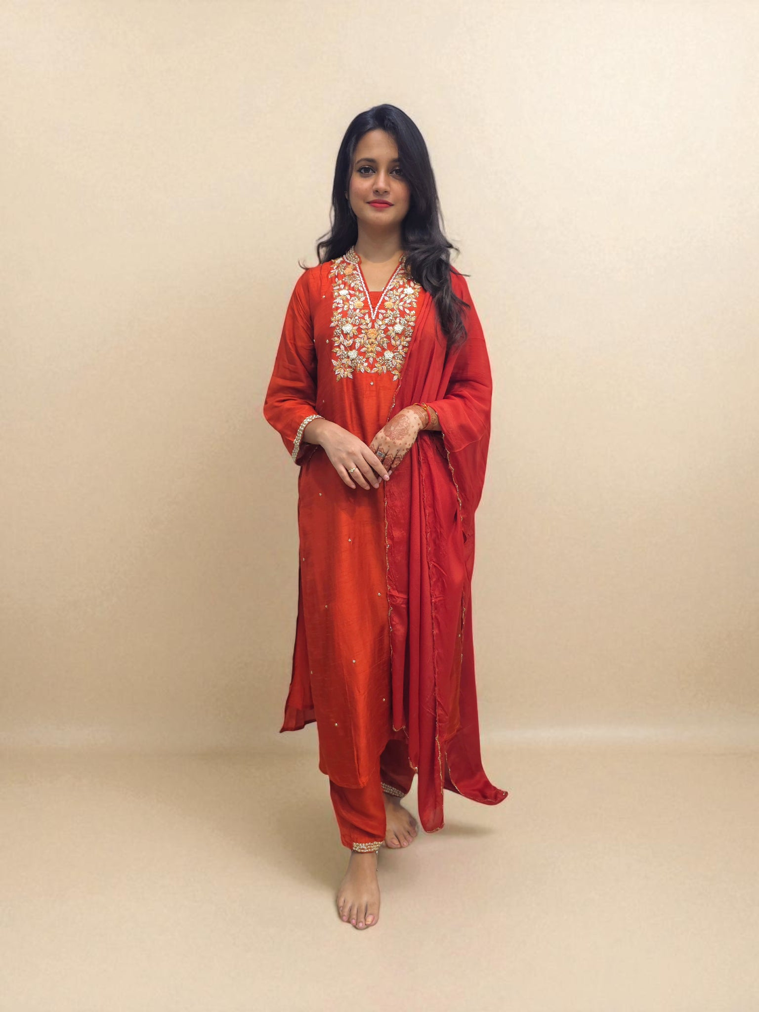 Elegant rust orange traditional kurta dupatta set for special occasions