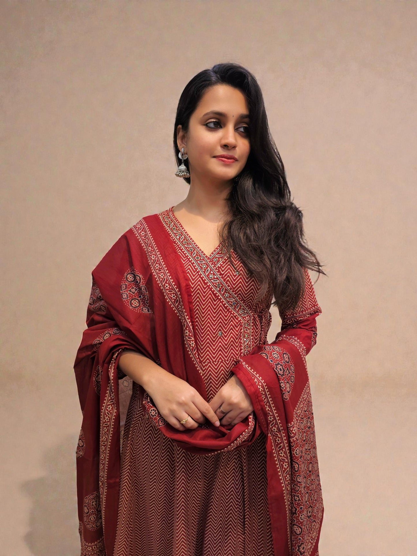 Cotton anarkali kurta set in rust shade