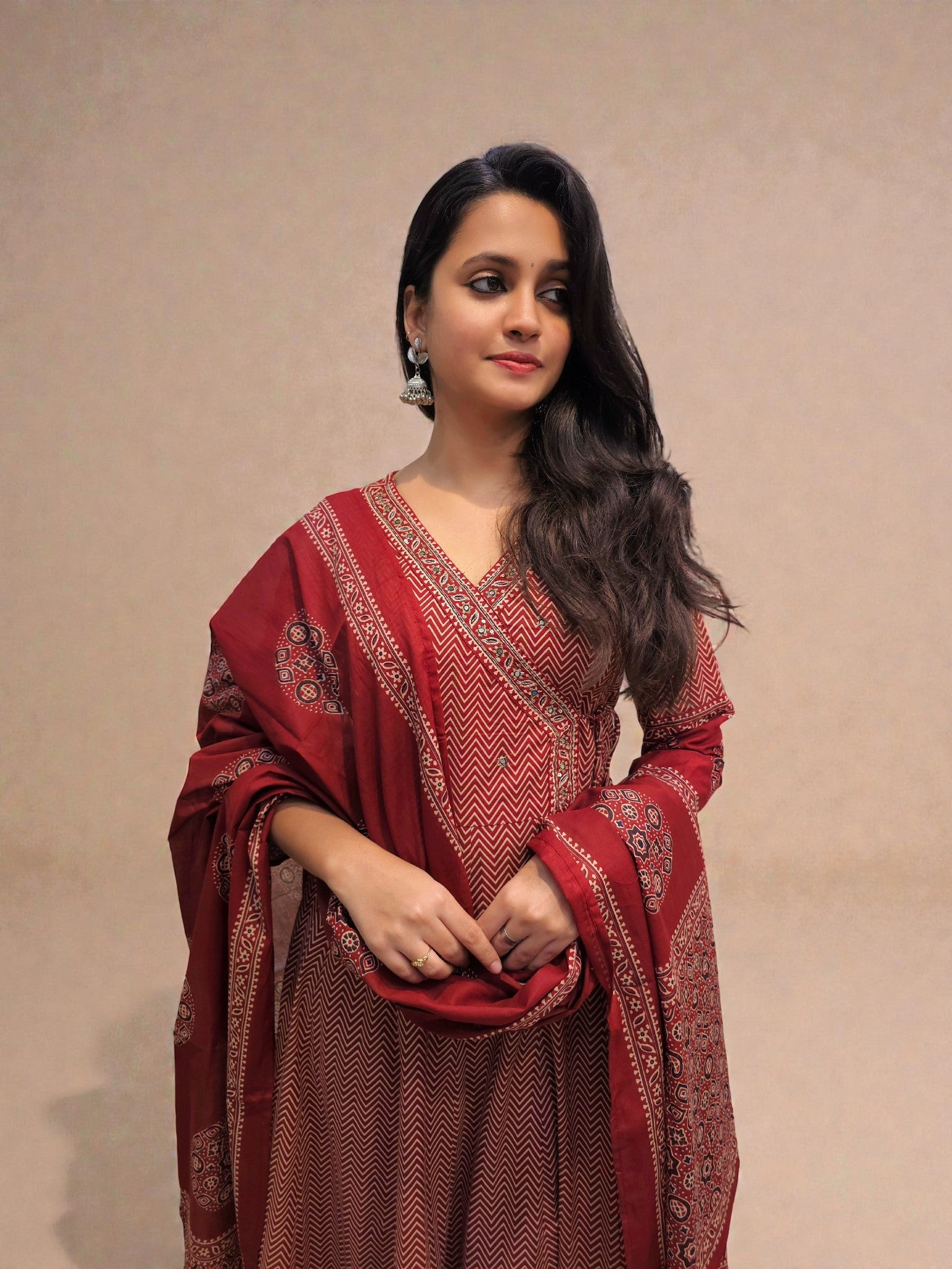 Cotton anarkali kurta set in rust shade