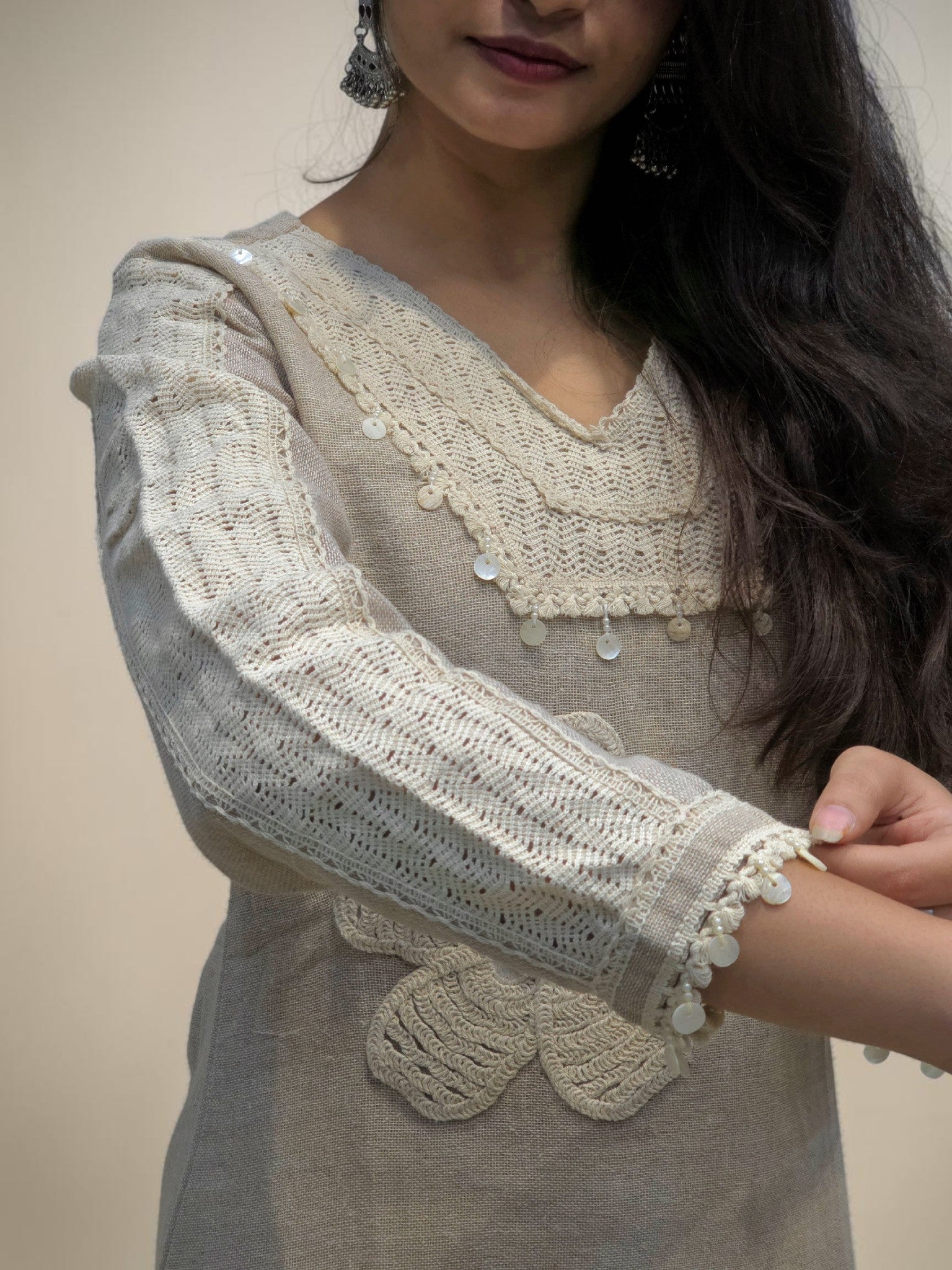 Designer jute cord set for women with lace neckline