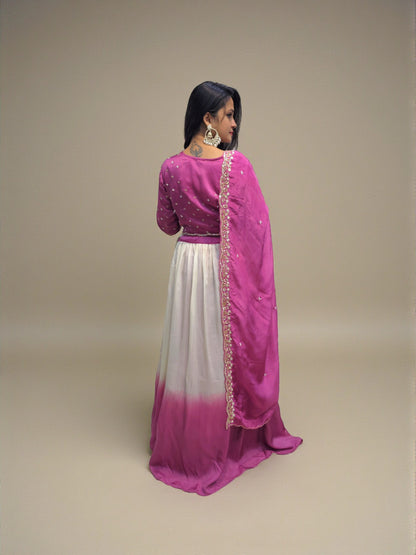 Elegant pink embroidered crop top lehenga for weddings and sangeet and haldi