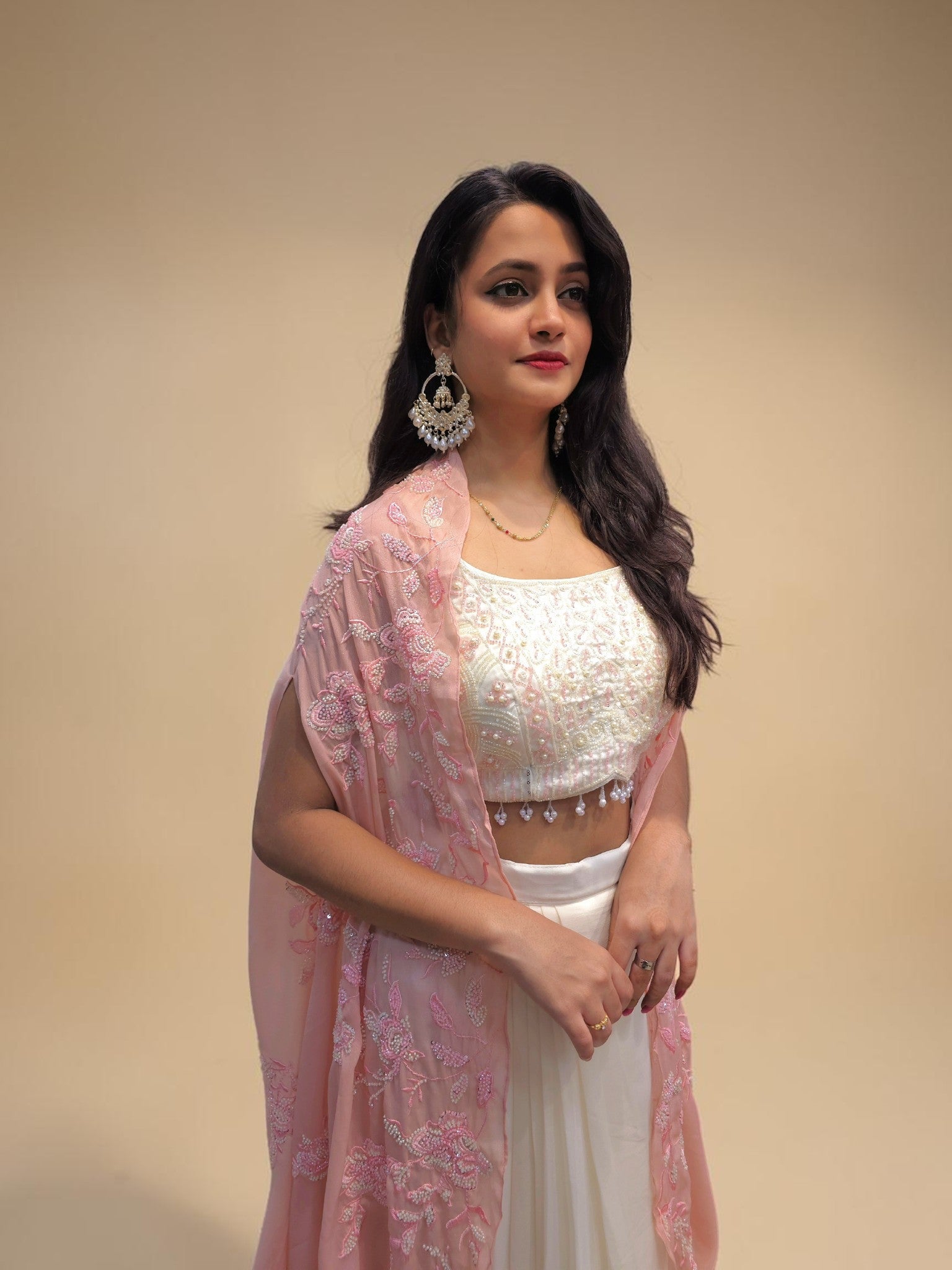 Designer white dhoti skirt set with net shrug for women