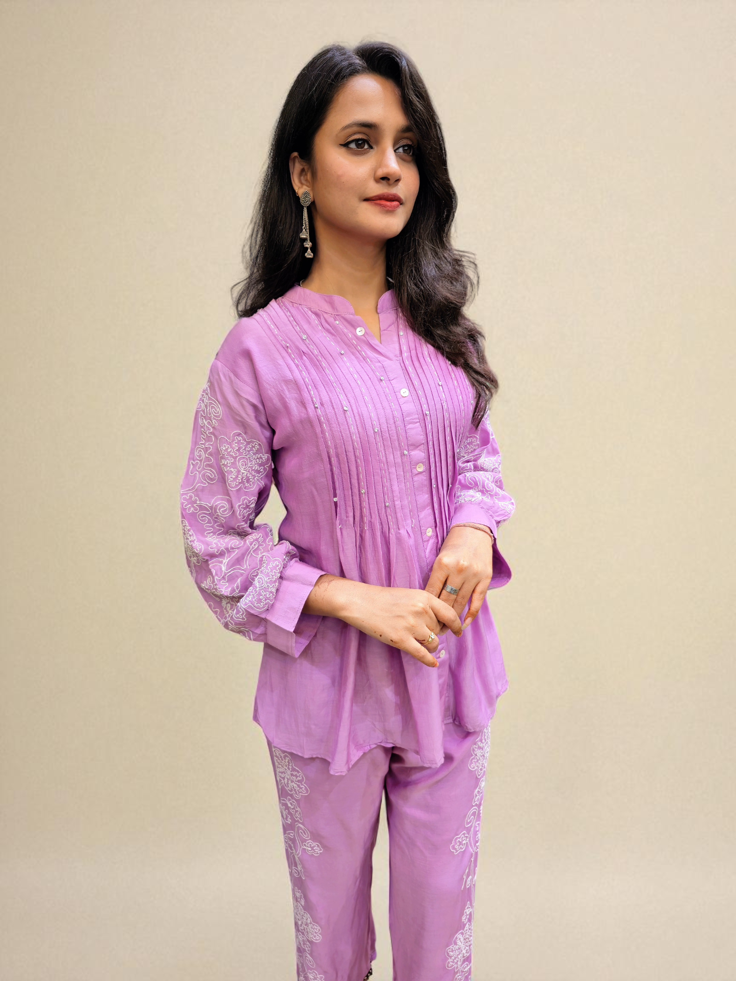 Elegant lavender co-ord set for women in cotton fabric with white embroidery, stylish ethnic wear from Ambika Boutique.