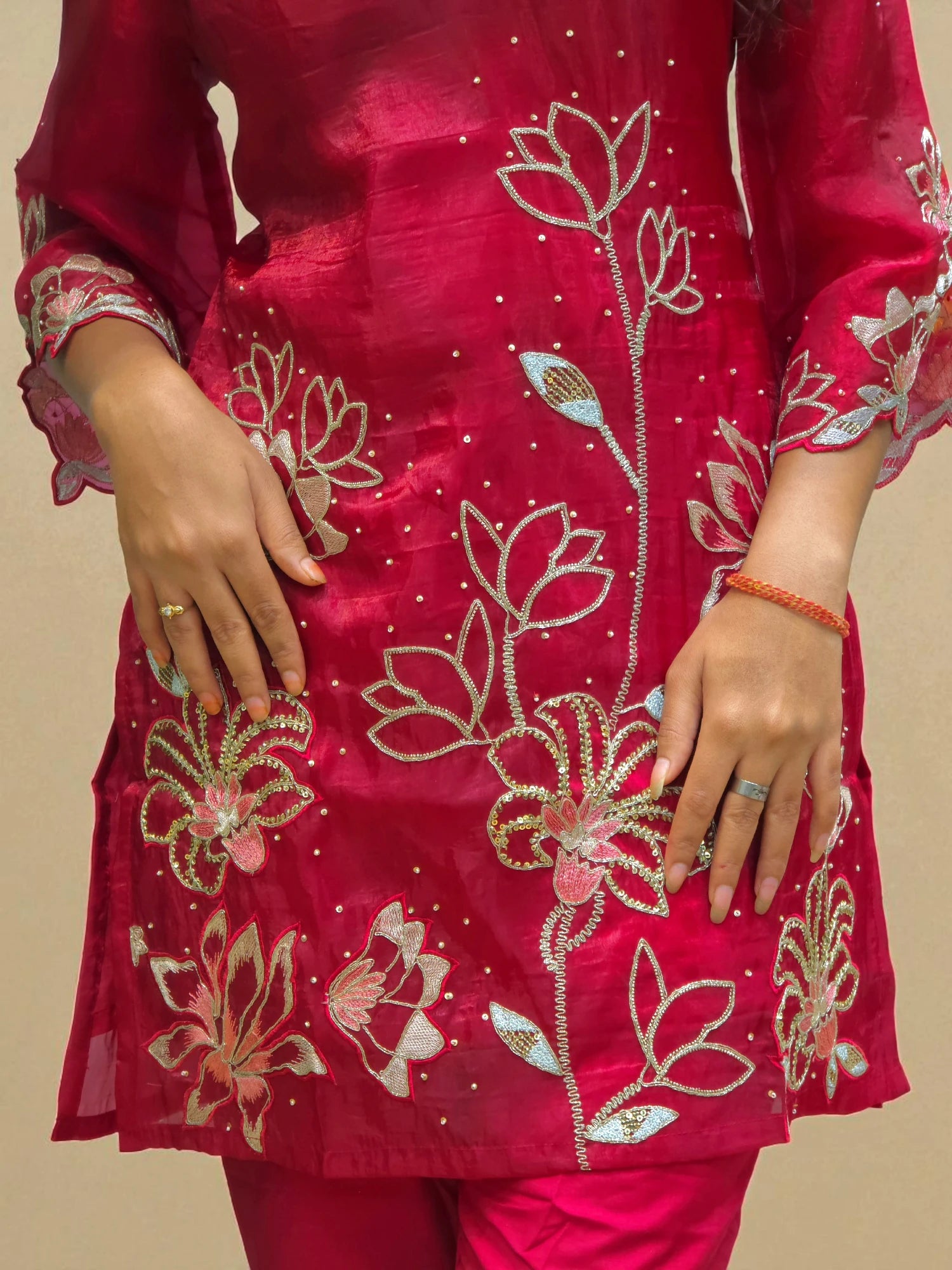 closeup of Elegant red co-ord set – festive ethnic outfit for ladies