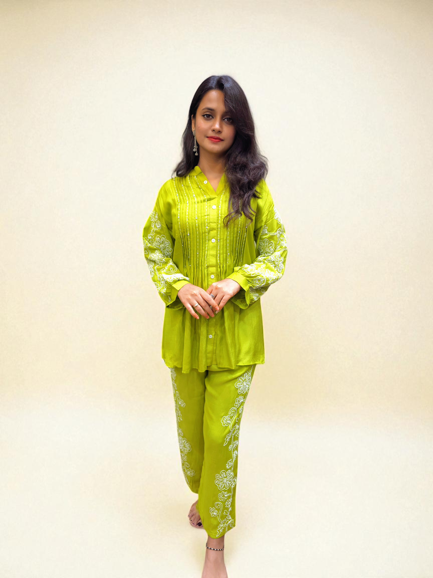 Elegant women’s muslin embroidered co-ord set in soft breathable fabric, perfect festive and casual wear outfit.
