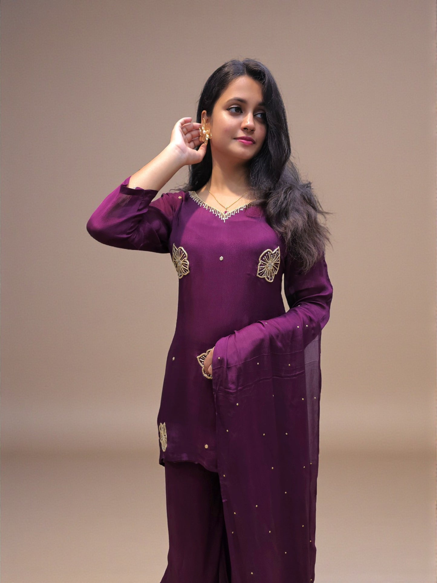 Hand embellished pure chinnon short kurta paired with palazzo pants