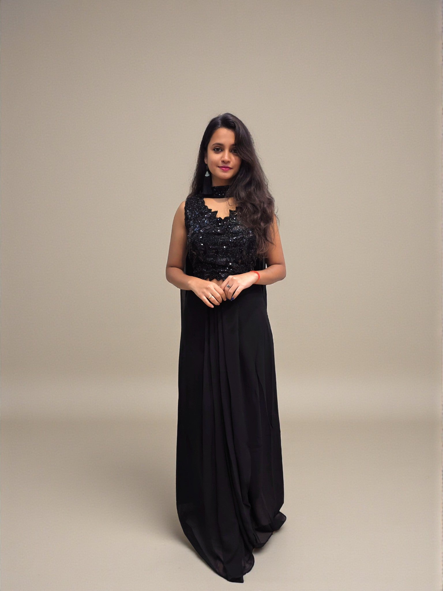 Black embroidered crop top with dhoti skirt party wear